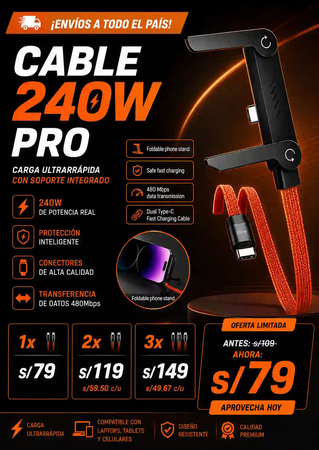 CABLE 240W PRO (Carga Ultra Rápida y  Soporte Integrado)