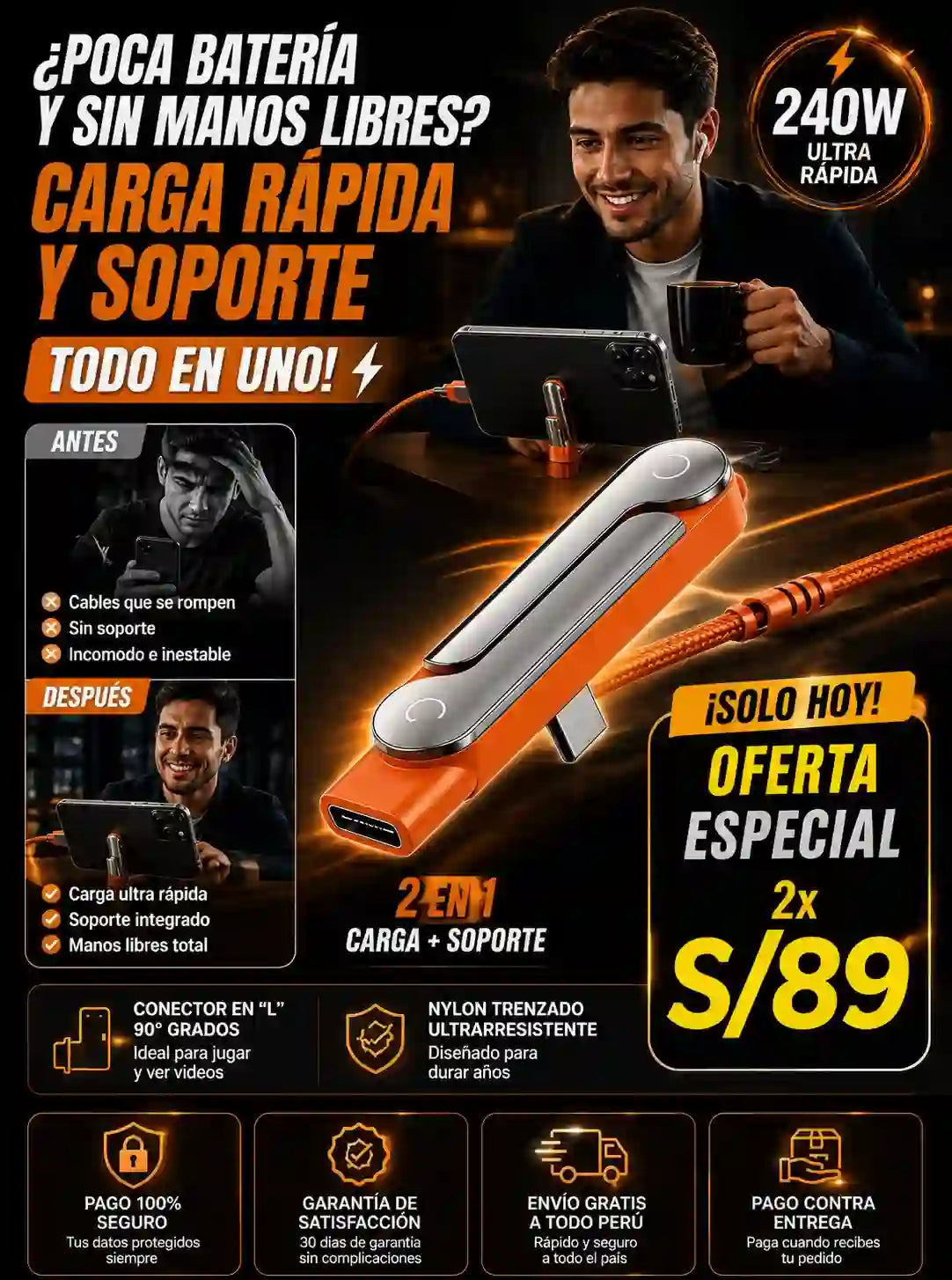 Cable 240W Pro (Carga Rápida + Soporte) - ¡OFERTA 2x1! 🎁